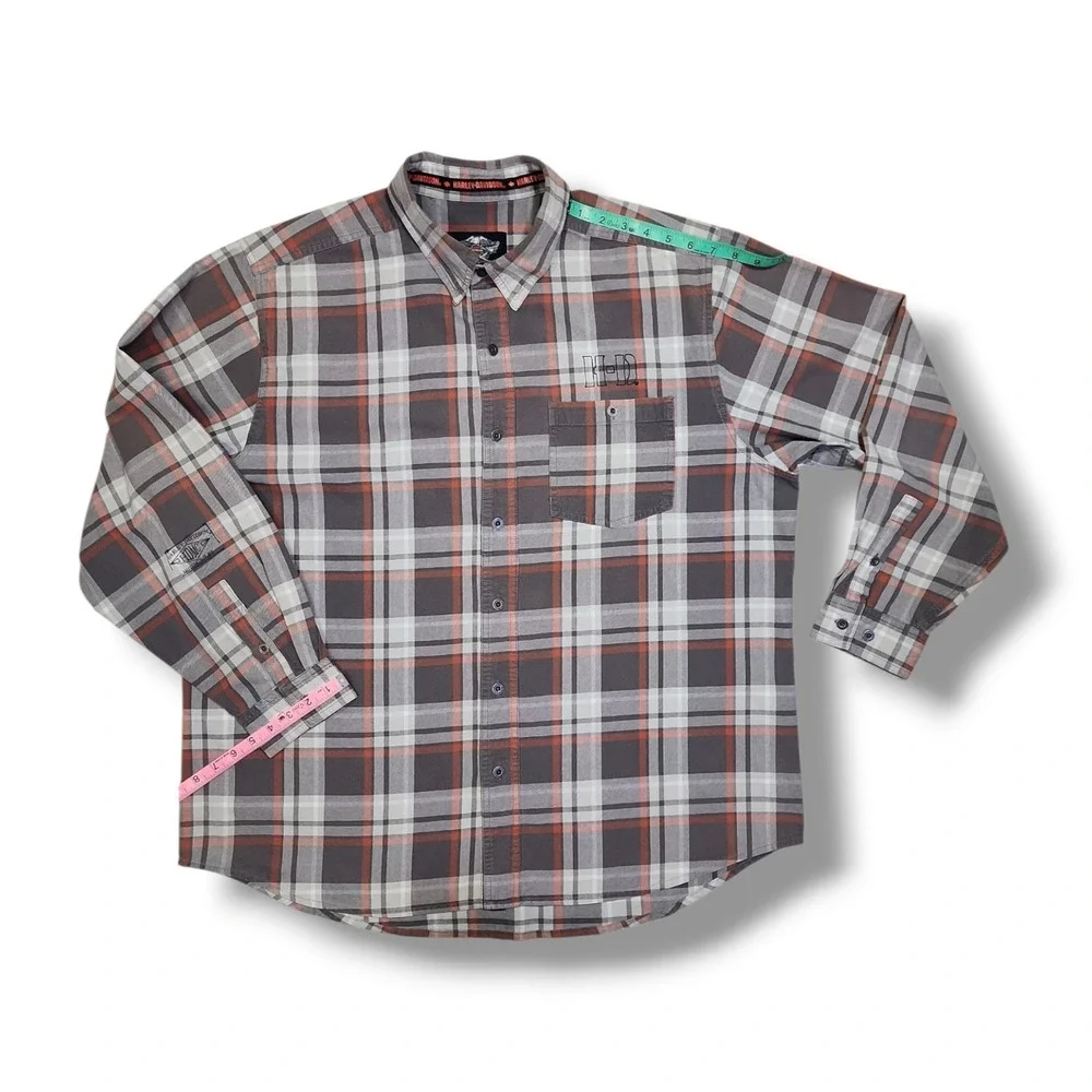 Harley Davidson Motorclothes Grey/Orange Plaid Button Down Long Sleeve Men's 2XL